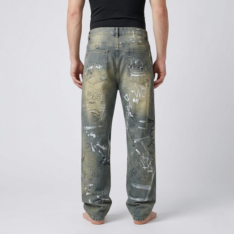 May include: Faded blue denim jeans with white graffiti-style designs. The jeans have a relaxed fit and a light wash, with distressed details. The back pockets are visible, and the jeans are worn by a person.