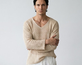 Herren Waffel Strick V-Neck Pullover | Leichtes, locker sitzendes Langarmtop