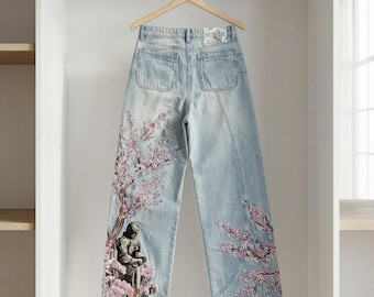 Embroidered Cherry Blossom Jeans | Loose Fit Streetwear Denim