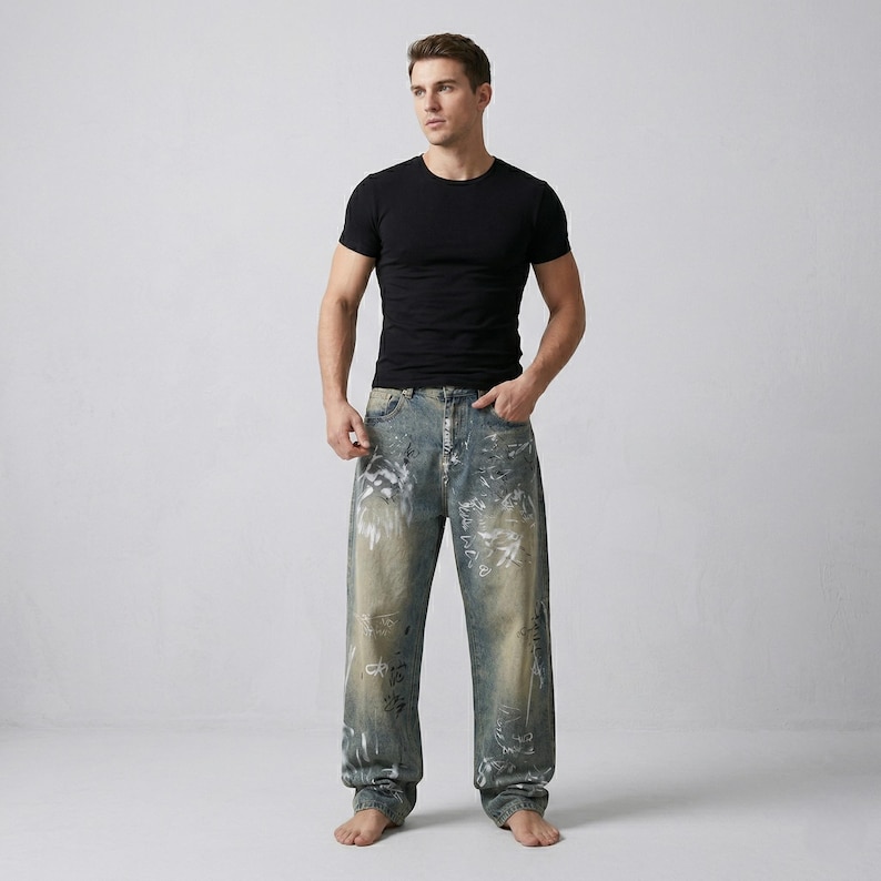 May include: A person wearing a black crew neck t-shirt and light blue denim jeans with white paint splatters and writing. The jeans have a relaxed fit.