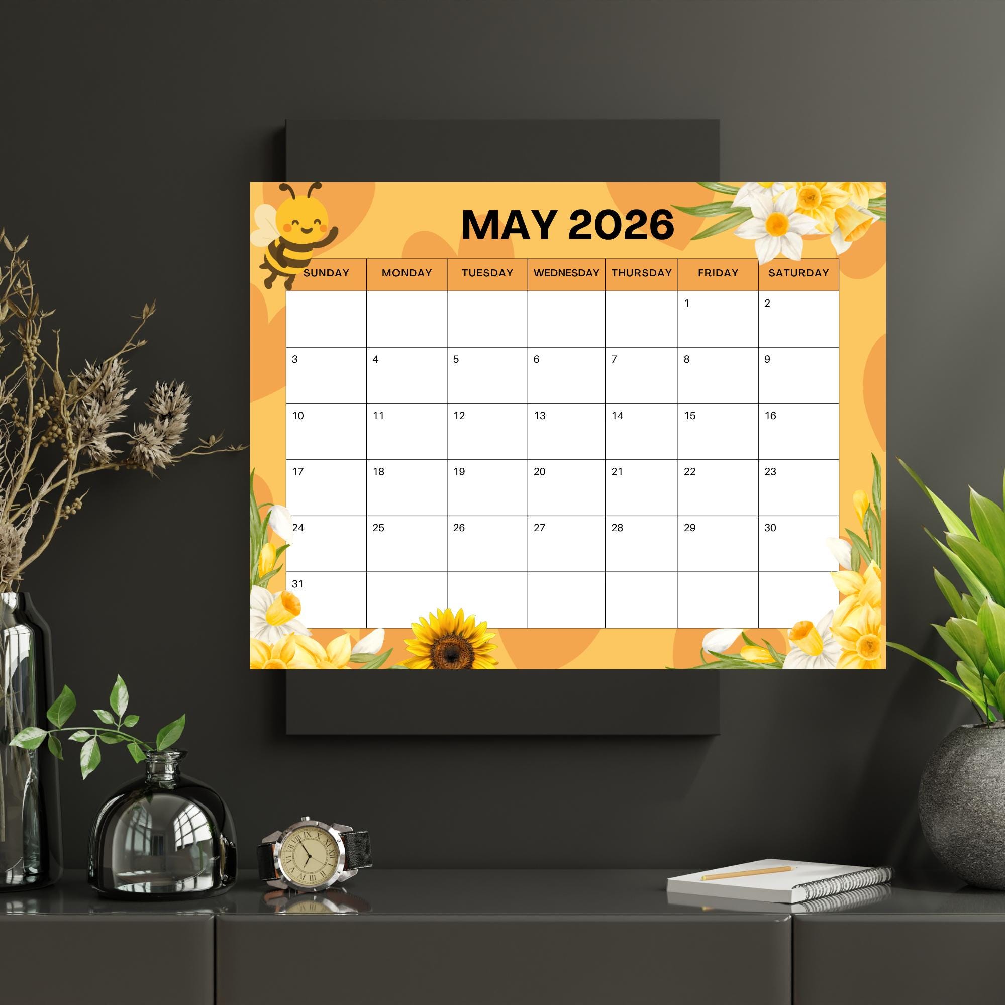 Calendario imprimible de mayo de 2026, ¡Hola primavera! con adorables ...