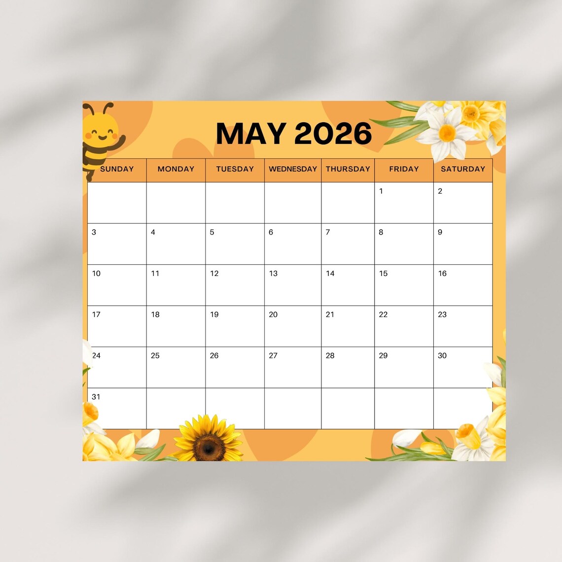 Calendario imprimible de mayo de 2026, ¡Hola primavera! con adorables ...