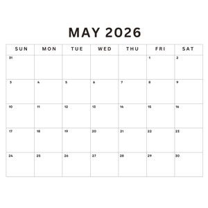 Pode incluir: Um calendário minimalista para maio de 2026, com fundo branco e texto preto. Os dias da semana estão no topo, com as datas dispostas em uma grade. O mês e o ano são exibidos no topo.