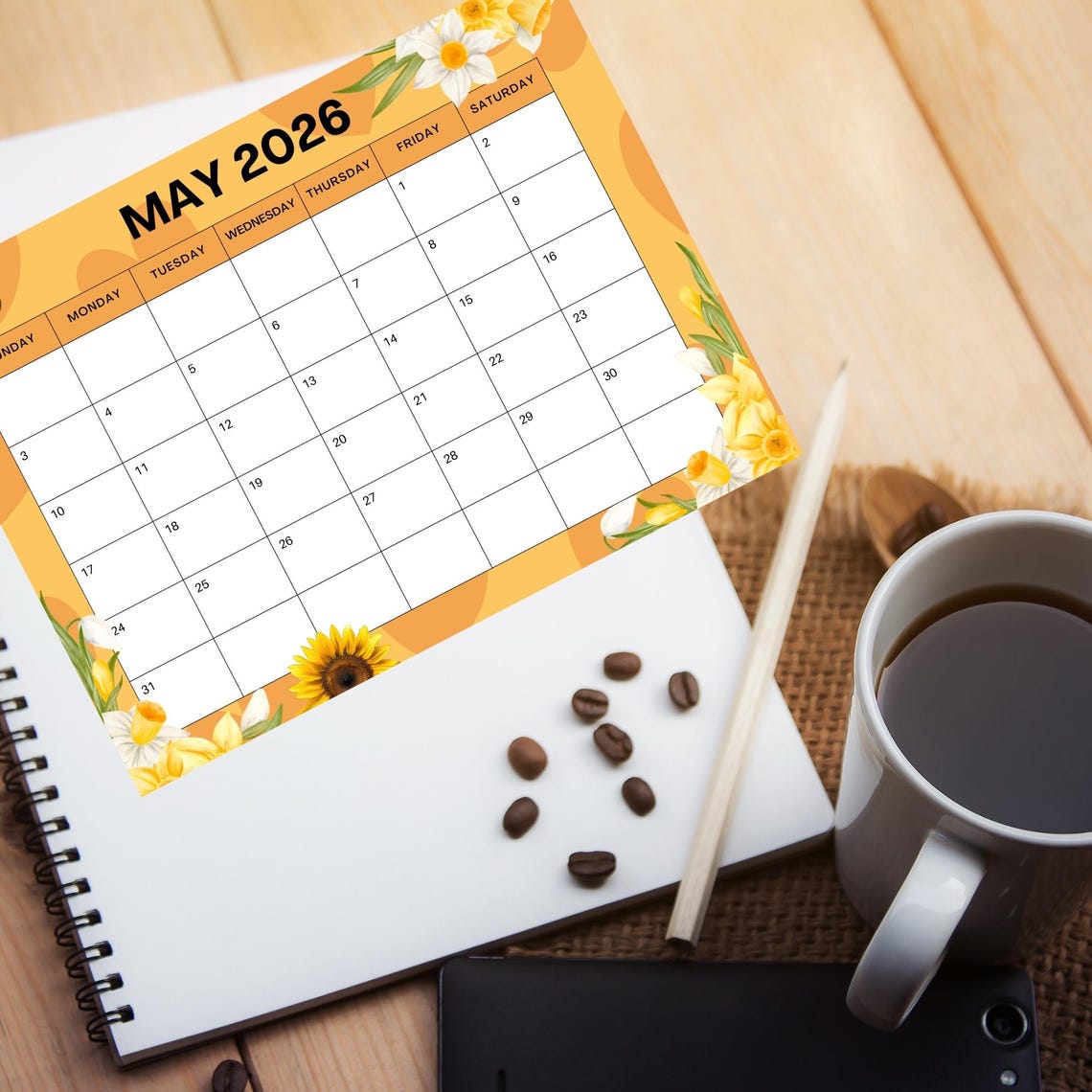 Calendario imprimible de mayo de 2026, ¡Hola primavera! con adorables ...