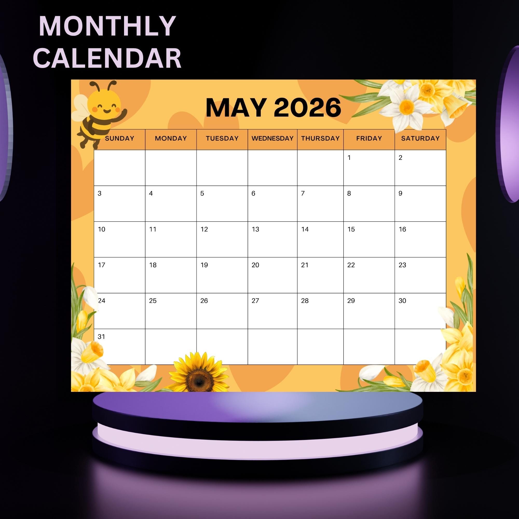 Calendario imprimible de mayo de 2026, ¡Hola primavera! con adorables ...