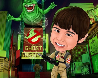 Customize Ghostbusters Digital Caricature for kids with full background birthday gift / Custom Digital birthday invitations