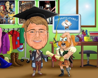 Custom Graduation Caricature gift for him, Son's Graduation gift with school university background