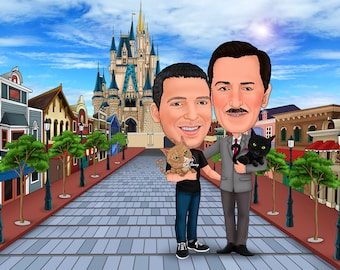 Family Caricature with Walter Elias Disney / Disney fans birthday gift