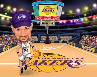 Cadeau personnalisé de caricature de basket-ball Laker's, adapté pour un anniversaire/cadeau de la Saint-Valentin/cadeau d'anniversaire