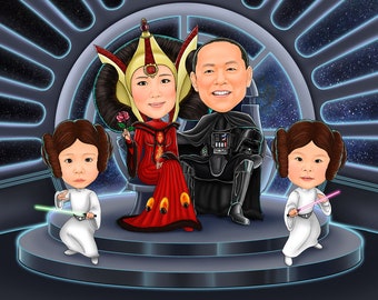 Star wars caricature de famille personnalisée, Darth Vader, Padmé Amidala et la princesse Leia portrait dessin animé cadeau d'anniversaire de mariage