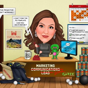 Office Caricature Gift with Personalized office Background / Farewell Caricature Gift