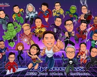 Caricature de groupe personnalisée super-héros / Caricature de groupe fichier numérique imprimable super-héros Marvel DC / Cadeau d'entreprise