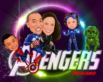 Family Superhero Custom Caricature Digital Print, Personalize your own superhero, anniversary gift