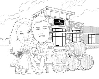 wedding coloring pages / wedding activity for kid / black and white caricature for children / couple wedding caricature with background