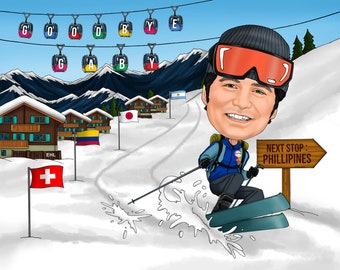 Caricature sportive / cadeau de caricature de skieur pour lui / cadeaux de groupe de patinage sur glace / cadeau de caricature d’athlète