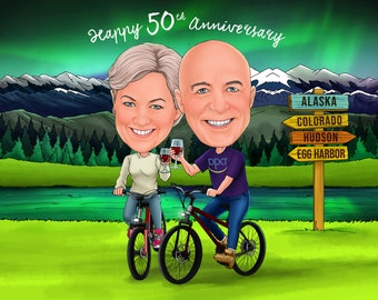 Wedding anniversary family Caricature gift with customize scenic background / Northern lights