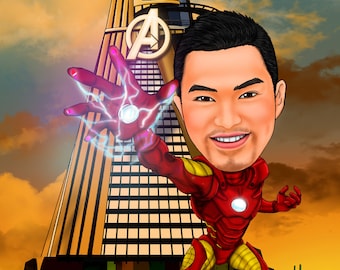 Customize ironman caricature cartoon portrait gift, anniversary gift for him with Tony Stark tower Background