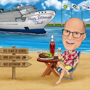 Retirement caricature gift - thank you for your service with ship cruise and beach background