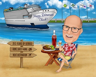 Retirement caricature gift - thank you for your service with ship cruise and beach background