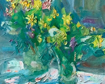 Original oljemålning, socialistisk realism, impressionism, vintage sovjetisk målning, ukrainsk konst, landskap, gullvivor, konstnären Repka S. N.