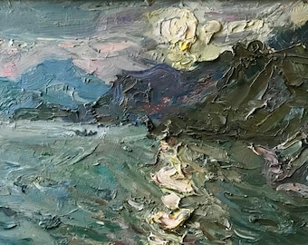 Puesta de sol sobre Karadag. Pintura original del artista ucraniano S. N. Repka. 30-50 cm, óleo sobre cartón, década de 2000.