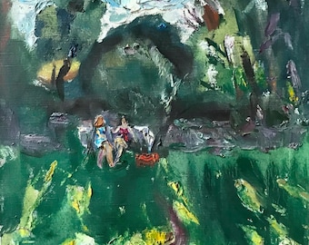 Gesprek in de schaduw. Origineel schilderij van de Oekraïense kunstenaar S.N. Repka. 46-40 cm, olieverf op doek, jaren 2000.