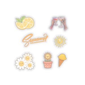 Könnte beinhalten: Eine Sammlung von Aufklebern zum Thema Sommer. Enthält eine Zitrone, zwei Hände, die mit Getränken anstoßen, eine lächelnde Sonne, Gänseblümchen, eine Sonnenblume in einem Topf und ein Eis. Das Wort "Summer" ist kursiv geschrieben.