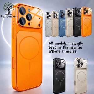 May include: An orange phone case with a camera lens protector and a circular design. The image shows multiple phone cases in various colors, including silver, gold, blue, black, and orange. Text on the image reads: "All models instantly become the new for iPhone 17 series."