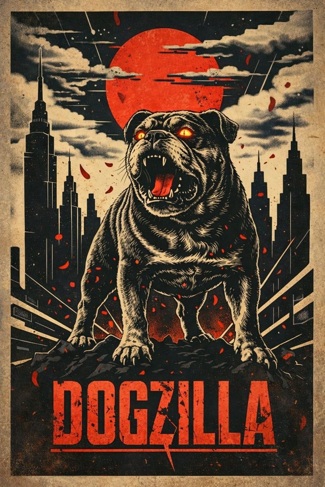 Red Dogzilla Dogzilla Retro Poster, Vintage Bulldog Horror Art, Red Moon Cityscape ...