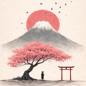 Stampa di paesaggio giapponese, Monte Fuji in fiore di ciliegio, arte murale Sumi-e (download digitale)