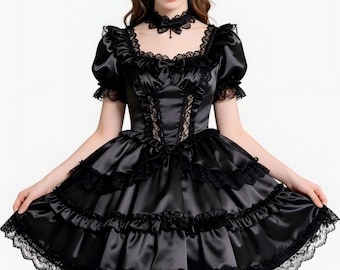 Sexy Sissy Black Satin Multiple Layers Of Lace Ruffle Edge Dress Maid Cosplay Costume