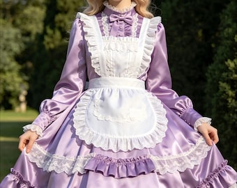 Purple Lolita Gothic Satin Dress Multi-layer Lace Ruffle Cosplay Costume