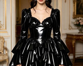 PVC French Maid Fluffy Long Sleeved Ruffled Dress Halloween Cosplay Uniform