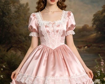 Short Sleeve French Maid Sissy Lolita Dress, Pink Satin Costume with White Lace for Role-Playing