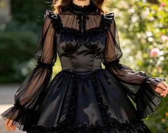 Sissy Sexy Satin Long Sleeved Transparent Stiff Gauze Fluffy Dress Maid Role-Playing Fetish Costume