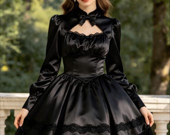 French Maid Lolita Sissy Black Satin With Bow Cosplay Costume
