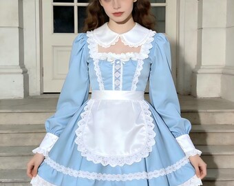 Light Sky Blue Lolita Prom Short Dress Cosplay Party Maid Dress Satin Costume