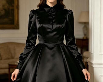 Sissy Black Satin French Maid Fluffy Long Sleeved Lapel Dress Halloween Cosplay Costume