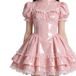 May include: A pink, glossy dress with a high collar and short, puffed sleeves. The dress features a fitted bodice and a flared skirt with multiple layers, trimmed with white lace. The overall design is reminiscent of vintage styles.