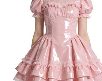 Pink PVC Short Puff Sleeves A-Line Maid Cosplay Party Costume High Collar Dress
