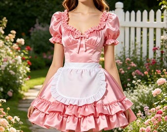 Women Pink Satin Maid Lolita with Apron Puff Short Sleeve Ruffle Layer Mini Dress Cosplay Costume for Halloween