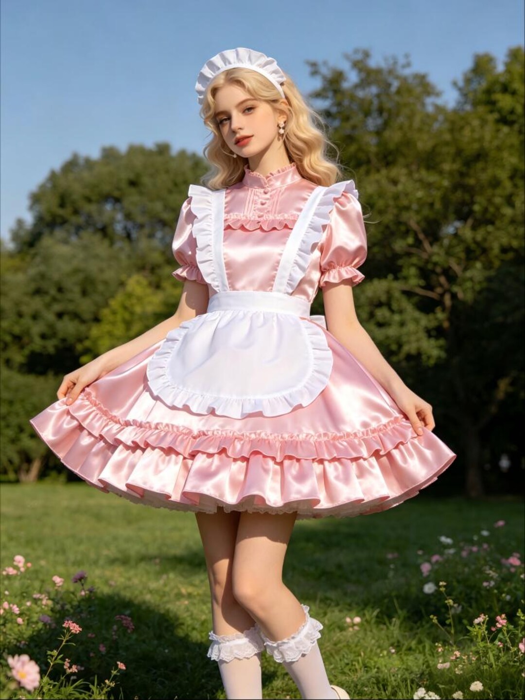 Pink Satin Maid Lolita Dress With White Apron Ruffles Cosplay Costume ...
