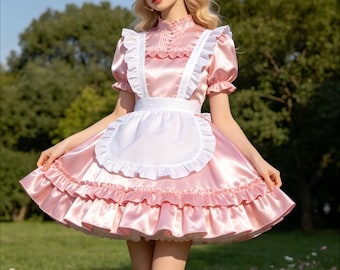 Pink Satin Maid Lolita Dress with White Apron Ruffles Cosplay Costume