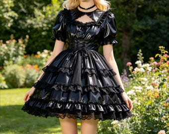 PVC Halloween French Cosplay Party Ruffled Puff Sleeve Wetlook Gothic Lolita Bodycon Mini Dress