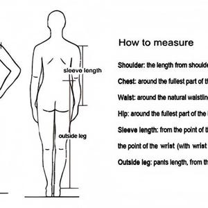 May include: Line drawing illustrating how to measure the body for clothing. Includes front and back views of a person, with labels for shoulder, chest, waist, hip, sleeve length, and outside leg. Text explains each measurement.