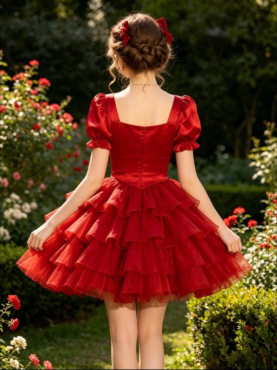 red tiered cocktail dress Satin Puff Sleeve Tulle Mini Sweetheart Neck Gown Color:black bengaline Champagne Rose Bridesmaid Dress short-name:Red Tulle prom layered skirt