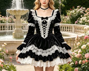 Sissy Black Satin Lolita Long Sleeves Dress  Multi-layer Lace Ruffle Cosplay Costume