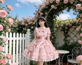Sexy Sissy French Maid Pink Satin Short Sleeved Lace Ruffled Dress Maid Cosplay Costume