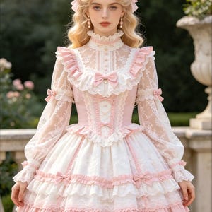 Könnte beinhalten: Ein rosa-weißes Lolita-Kleid mit Spitzendetails, Rüschen und Schleifen. Das Kleid hat lange, transparente Ärmel und einen hohen Ausschnitt. Der Rock ist mit Rüschen und Spitze versehen. Das Kleid ist mit rosa Schleifen und einem rosa Oberteil verziert.