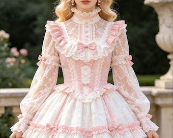 Pink Satin Lace Long Sleeves Ruffle Dress French Maid Cosplay Costume